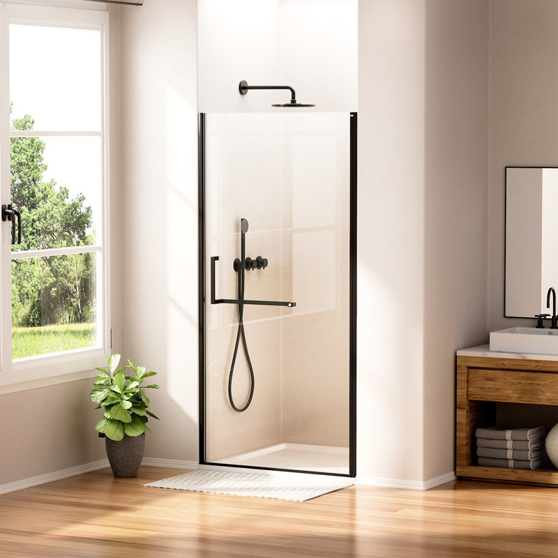 36 po X P 72 po H Porte de douche pivotante sans cadre au fini noir mat avec verre trempé, Noir mat