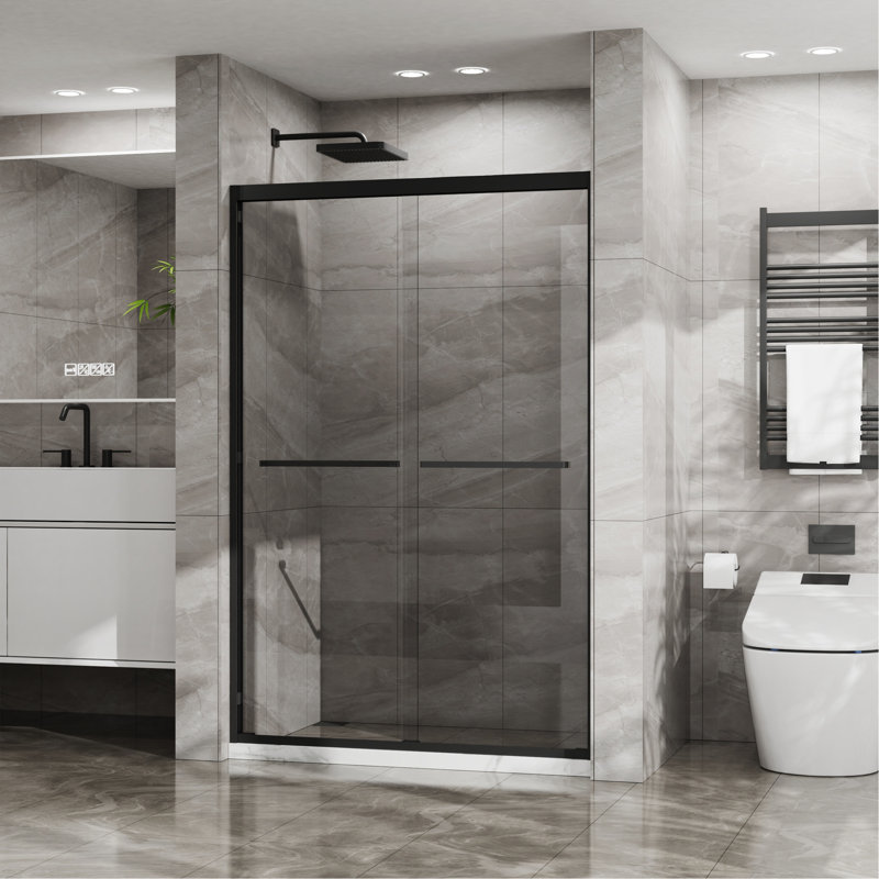 Double Sliding Glass Shower Door 48 In. W X 72 In. H Aluminum Framed Shower Enclosure With SGCC Clear Tempered Glass, Stainless Steel Hardware, Matte Black