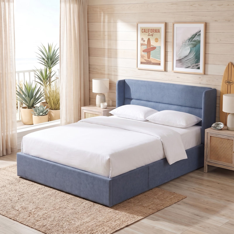 Lit plateforme tapissier avec rangement Gaillarde, Double, Bleu brume grisâtre