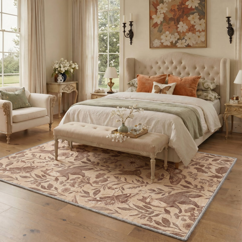 Vintage Woodland Animals Area Rug Cottagecore Fox Bird and Butterfly Floral Botanical Living Room Carpet, Rectangle 5' x 7'