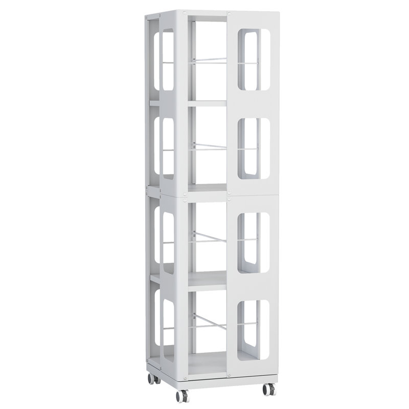 4-Tier All-Steel Rotating Bookshelf With 360° Wheels, Large Size Sturdy & Spacious Book Rack, New Style White Bookshelf,Easy Assembly