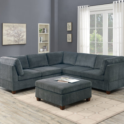 Living Room Furniture Grey Chenille Modular Sectional 6Pc Set Corner Sectional Modern Couch 3X Corner Wedge 2X Armless Chairs And 1X Ottoman Plywood