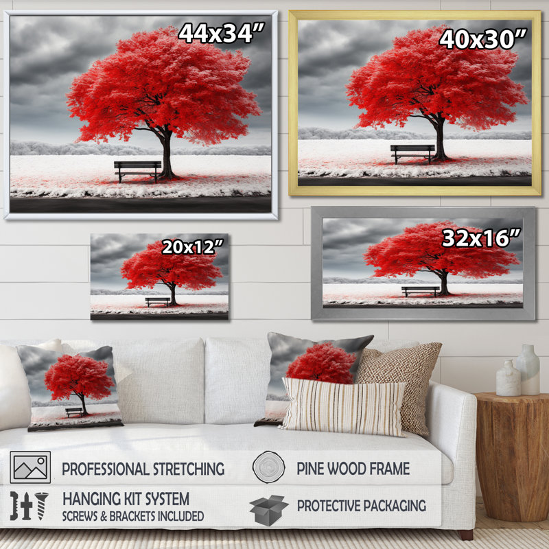 «Red Tree Symphony in Winter I», reproduction sur toile, Cadre simple blanc, H 24 po x l 32 po x P 1 po