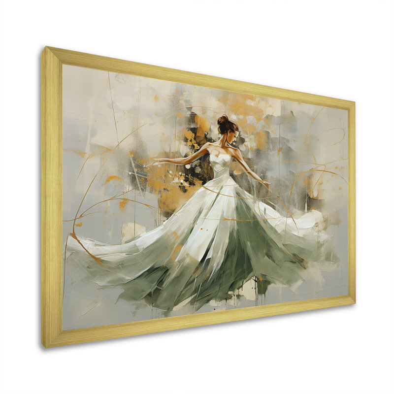 Toile abstraite, reproduction de ballet vert et or - Danse de ballet verte et dorée, Cadre doré simple