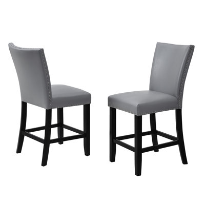 2Pc Counter Height Stool , Gray Pu Upholstered With Footrest, Nailhead Trim, Contemporary Dining Room Magnificent Stools, Upholstery, Style Standout