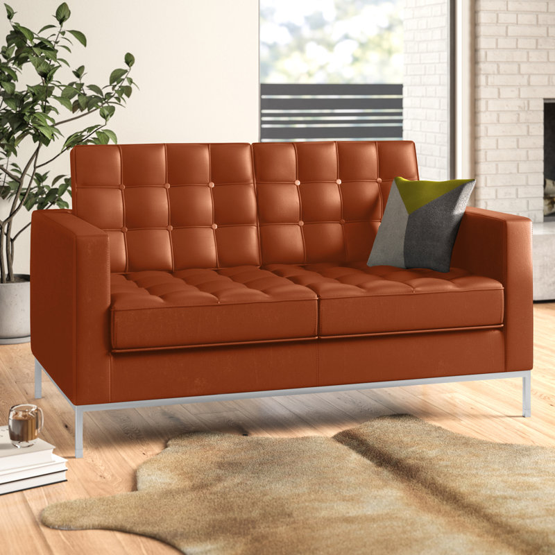 Amjed Contemporary Button Tufted Leather Loveseat w/ Steel Frame, Cognac