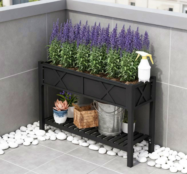 Elevated Wood Planter Box,Raised Garden Bed,With Storage Shelf,Drainage Holes,And Liner, Black