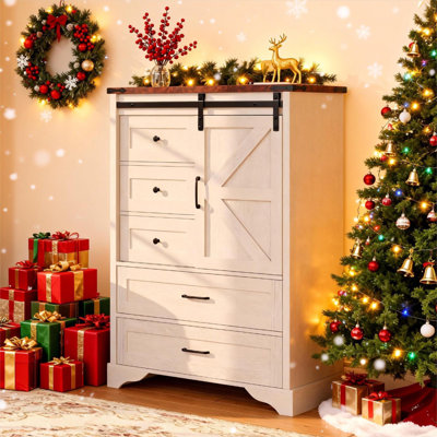 34''W x 47''H Farmhouse 5-Drawer Dresser with Sliding Barn Door and Rustic Wood Top