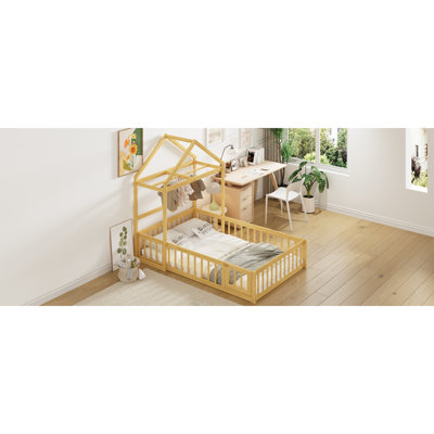 Lit de plancher en bois avec rampes de clôture et tête de lit amovible en forme de maison, lit simple avec support pour enfants, structure de maison de jeu de style Montessori pour enfants pour filles, naturel