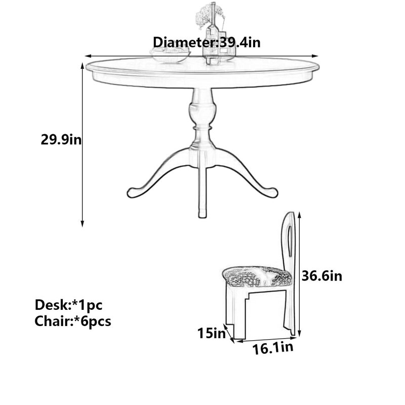 Table de salle à manger Retro American-French, H 29,9 po x l 39,4 po x P 39,4 po, 7 pièces : table, 6 chaises