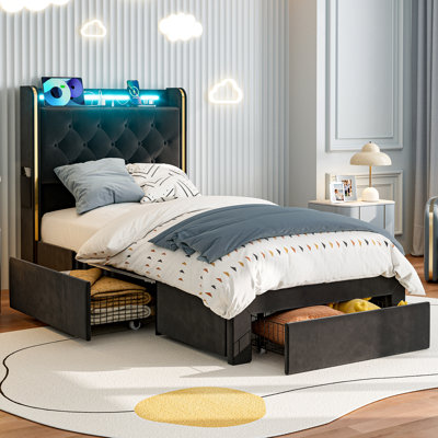  49.2" Tall Twin Xl Bed Frames With Storage Drawers, Velvet Upholstered Platform Bed With Wingback Storage Headboard, Led Lights & Charging Station, No Box Spring Needed, Noise Free, Black