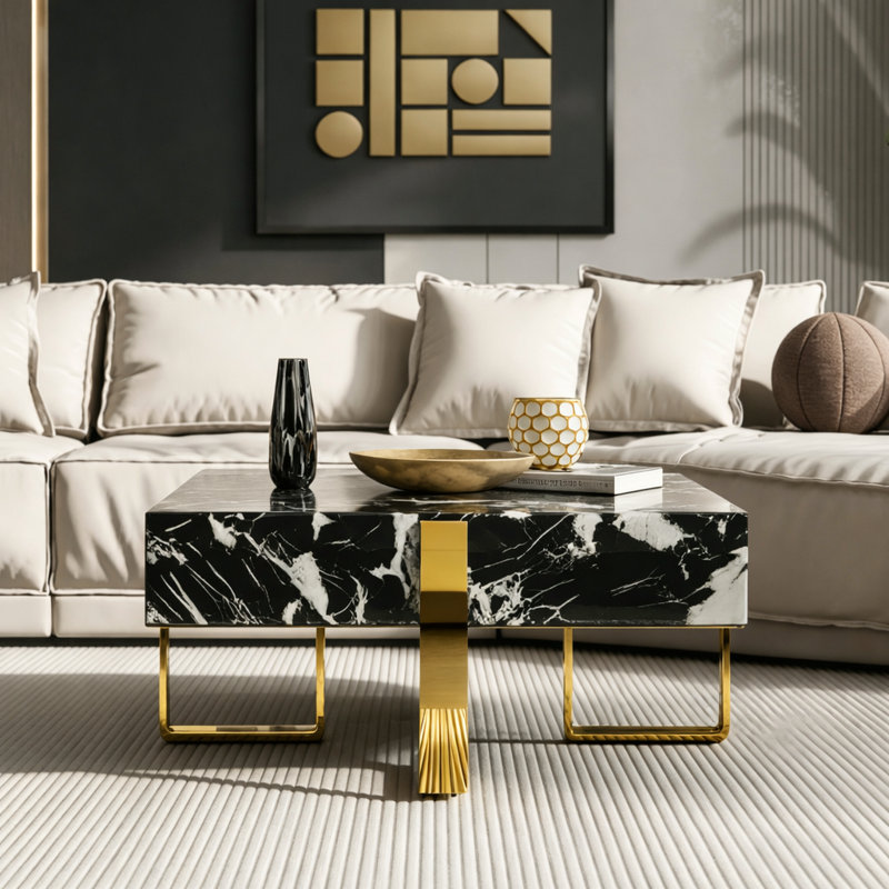 Table basse 31,5 "carrée en faux marbre avec base en acier inoxydable doré poli, centre de table de salon moderne