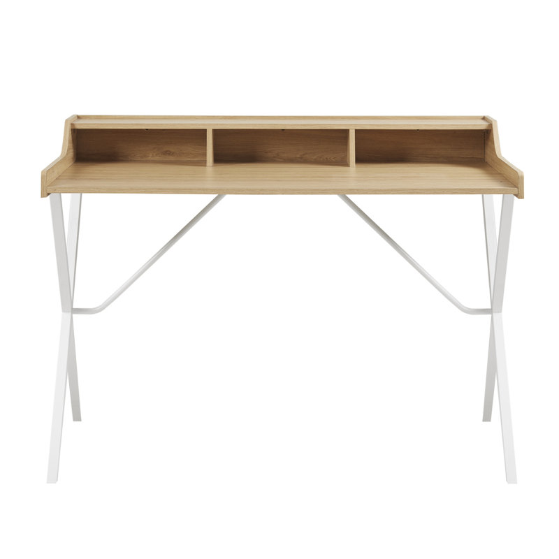 Blonde Wood and White Metal Writing Desk with Storage