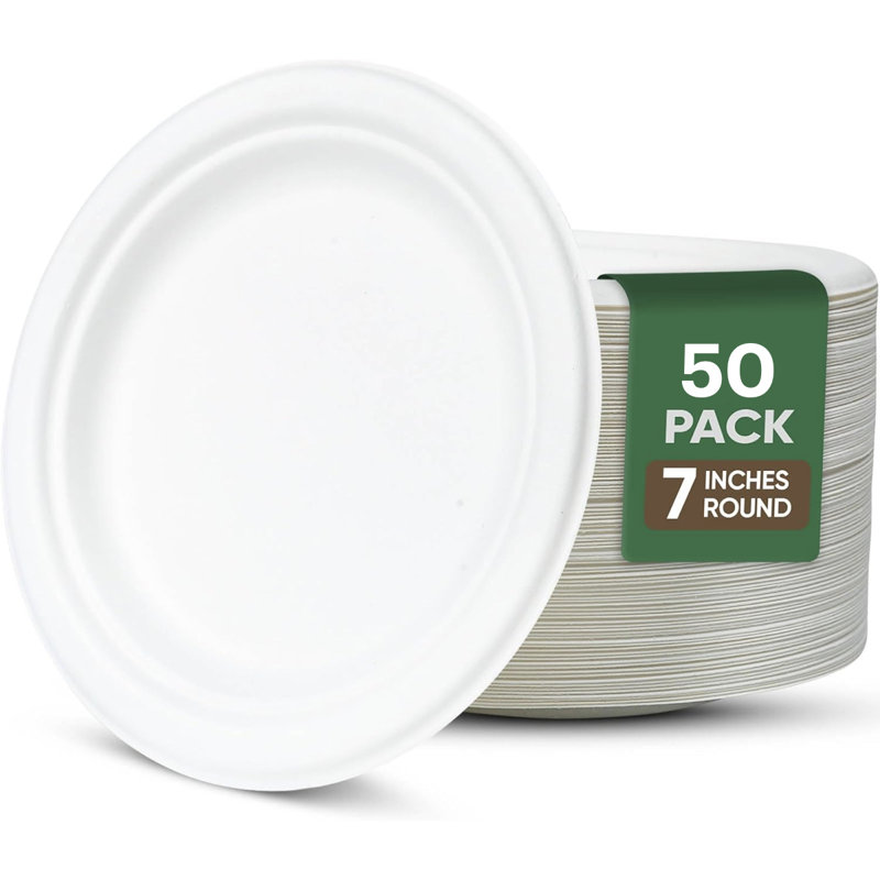 Assiette à bagasse en canne à sucre jetable et biodégradable de 7 pouces [paquet de 50]