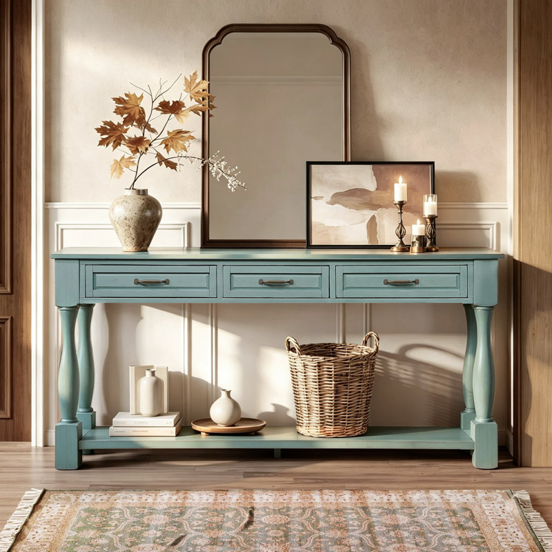 Console de 63 pouces avec 3 tiroirs et tablette inférieure ouverte pour le salon du couloir, Bleu rétro
