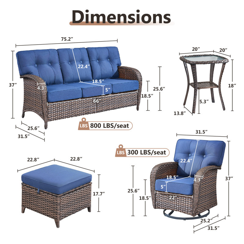 Ensemble de conversation cour en osier avec chaises pivotantes et repose-pieds Agnes, Bleu