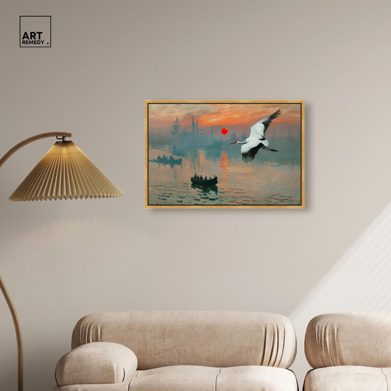 «Crane Sunset», toile par Pet Remedy, H 21 po x l 31 po, Cadre flottant doré