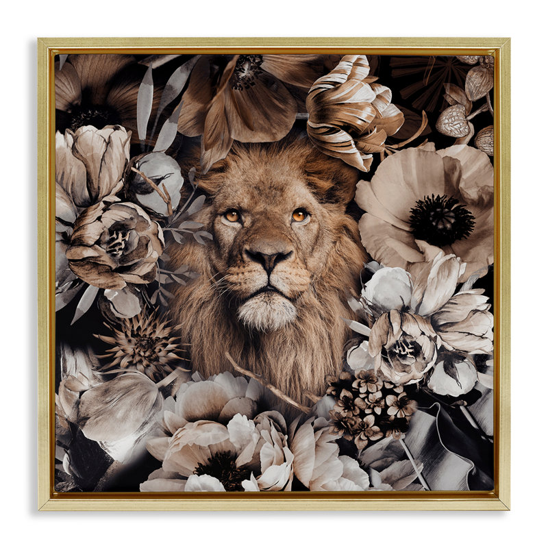 «Mixed Flowers & Lion», art mural encadré flottant par Reinders, H 25 po x l 25 po, Cadre flottant métallique doré