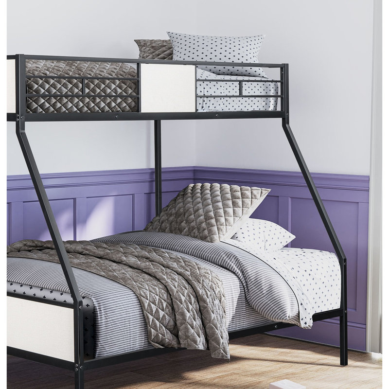 Lit simple superposé au dessus d'un lit double noir de style contemporain, structure en métal, conception à deux tons, attaché pour lit de chambre à coucher, métal, plan d'arrangement latéral