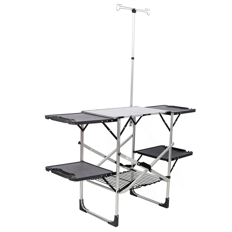 Table de cuisine de camping pliante - Station de cuisson extérieure portable avec plateau résistant à la chaleur, 4 tables d'appoint, support de rangement et lampadaire pour les pique-niques et les voyages en camping