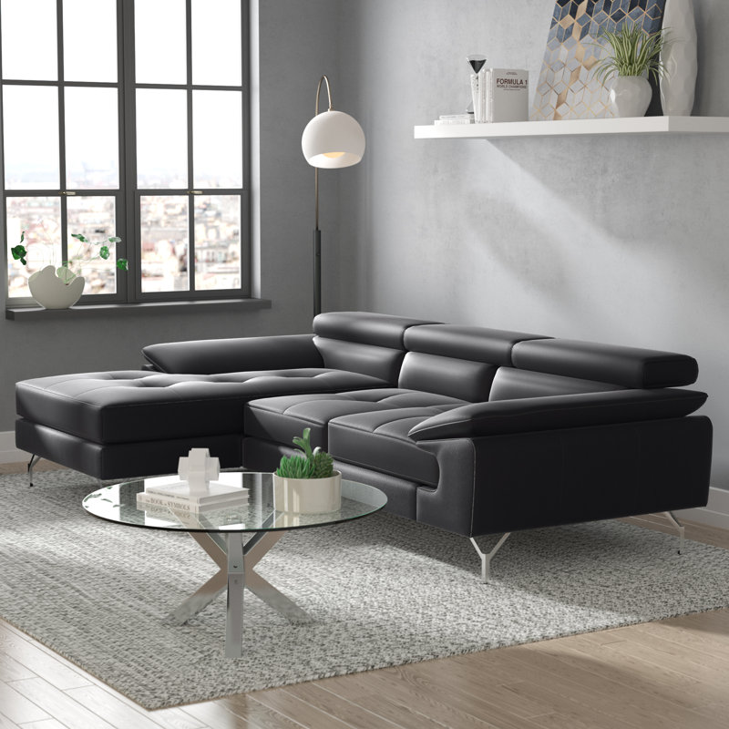 Grasmere Leather L-Shaped Sectional, Black Genuine Leather, Left Hand Facing