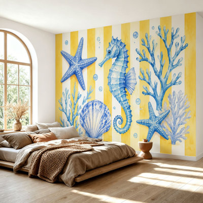 Wall Mural Peel and Stick Wallpaper Hand Painted Seahorse Starfish Seashells Yellow Striped Self-Adhesive Removable Contact Paper Wall Decor for Living Room Bedroom 69"H x 96"W