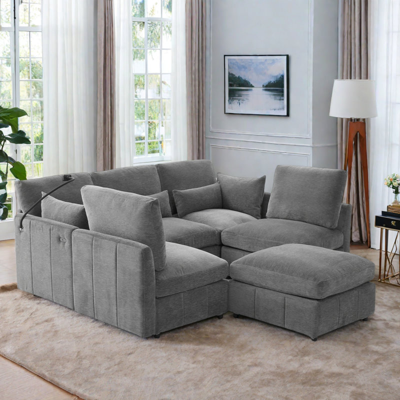 Canapé modulaire moderne avec repose-pieds mobile, 2 ports USB et support pour téléphone, Gris chenille