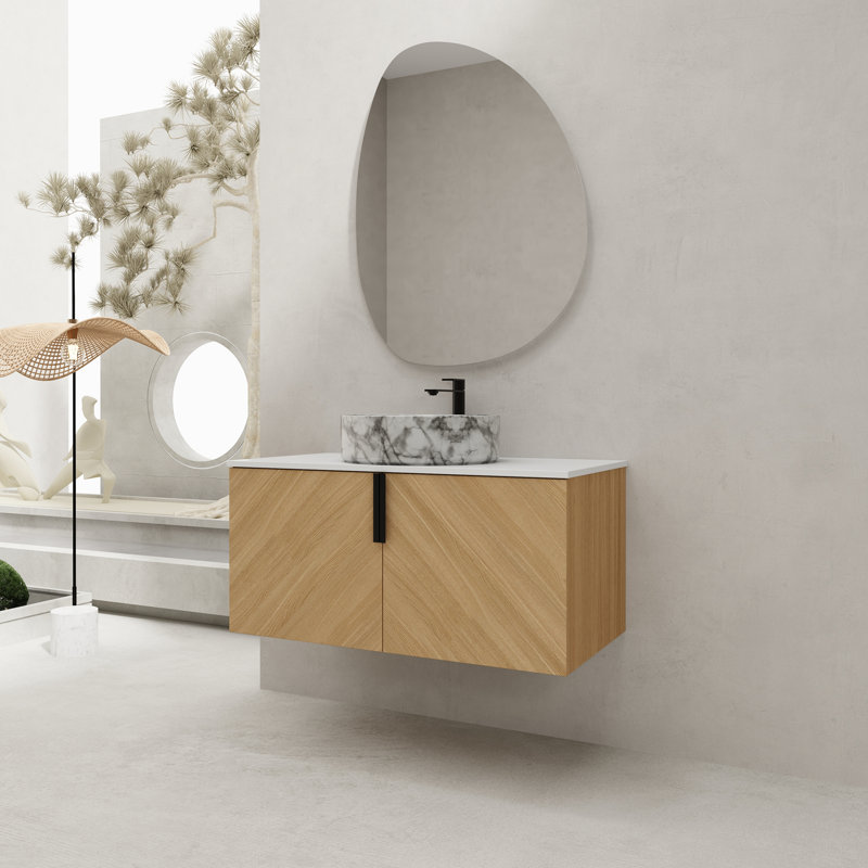 Meuble-lavabo 36 po avec lavabo d'art en céramique et dalle de pierre artificielle, porte à fermeture en douceur, 36
