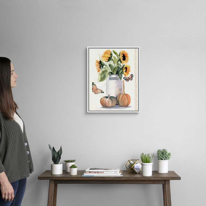 Automne tournesols II - reproduction d'art sur toile, H 21,7 po x l 17,7 po x P 1,75 po, Cadre flottant blanc