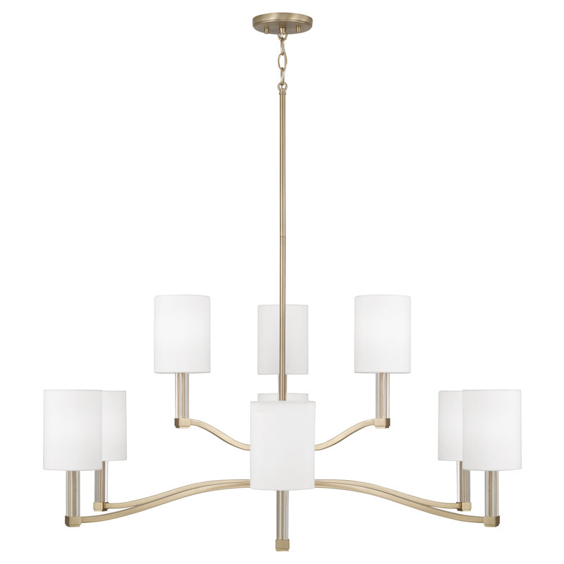32" W x 9.25" H 9-Light Two-Tier Chandelier in Matte Brass with Clear Acrylic Accents and Cylindrical White Fabric Shades