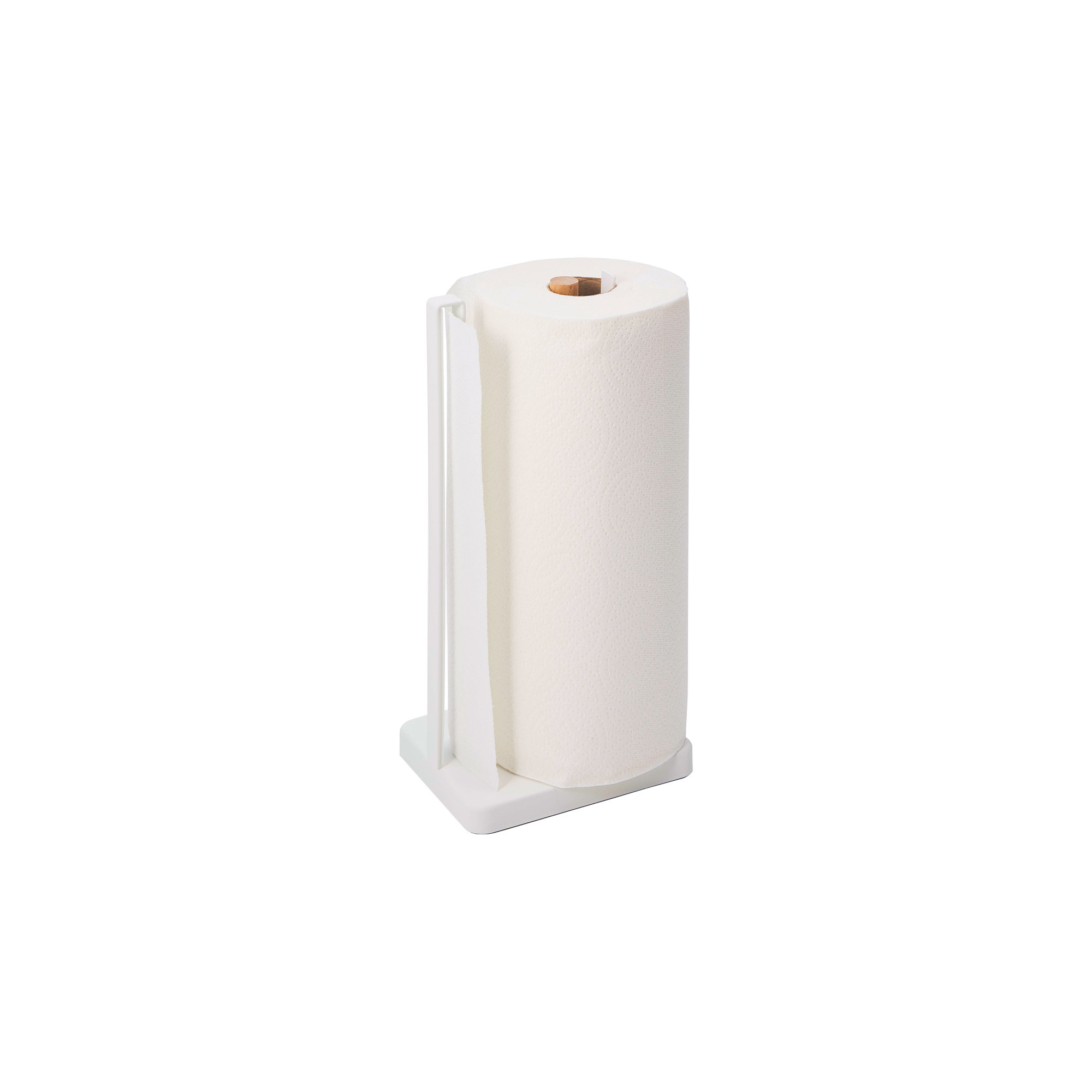Yamazaki Home One-Handed Tear Paper Towel Holder - Kitchen Storage Rack, Steel + Wood, White