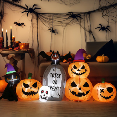 8Ft Long Halloween Inflatables Outdoor Decorations, Blow Up Pumpkin Black Cat with Build-in LED Light