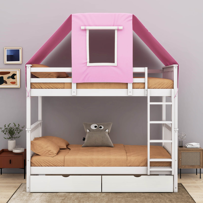 Lit superposé simple en bois avec tente et tiroirs Wetzler Kids, Blanc, Rose