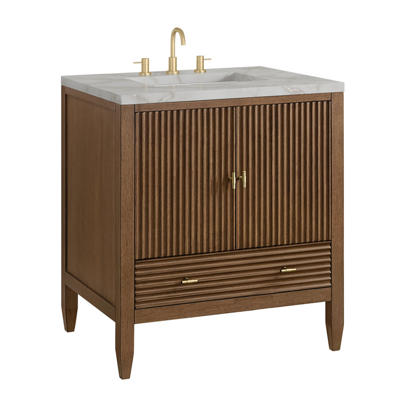 Myrrin 30" W Single Vanity, Victorian Silver Silestone, Mid-Century Walnut, 8" Widespread
