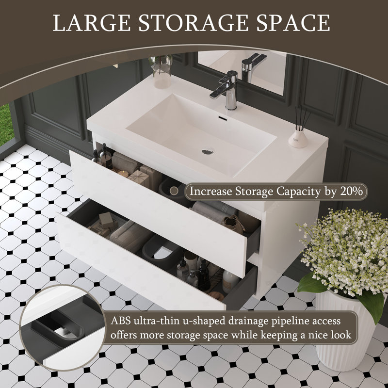 36" Floating Bathroom Vanity With Sink, Glossy White, 35"