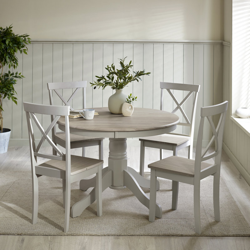 Tamala Round Dining Table & 4 Shannondale Chairs - Traditional Rustic Farmhouse Kitchen, White/Grey