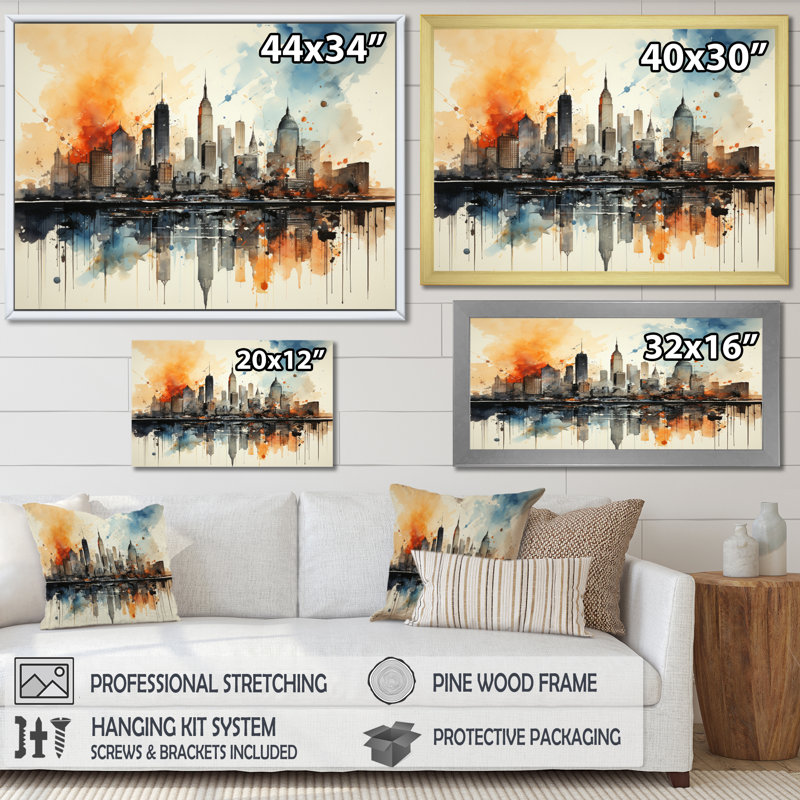 Aquarelle colorée de paysage urbain coloré de New York II - New York, H 30 po x l 40 po x P 1,5 po, Toile tendue