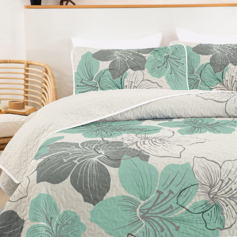 3 Piece Botanical Floral Quilt Set  with Pillow Shams Soft Lightweight Flower Bedding Set for All Season, Green