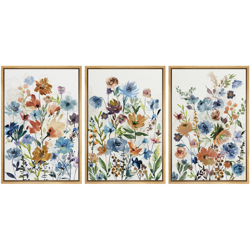 «Vivid Spring Blue Watercolor Wildflowers Modern Colorful Decor», ensemble de 3 reproductions d'art encadrées sur toile