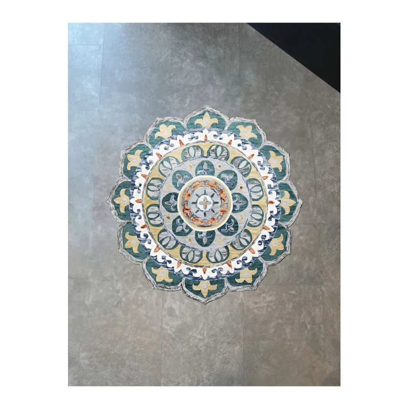 Blue Tone Traditional Motif Floral Patterned Woven Base Round Decorative Carpet, Novelty 3'4" x 3'4"