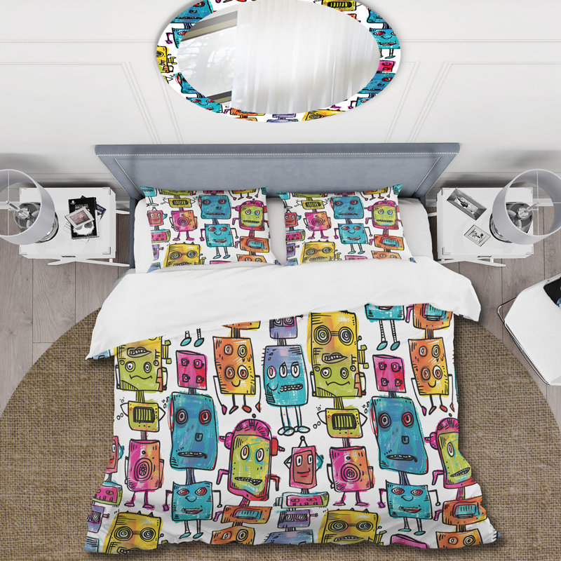 Ensemble de housse de couette rose, bleu, robot et amis III, Housse de couette simple et deux taies décorative