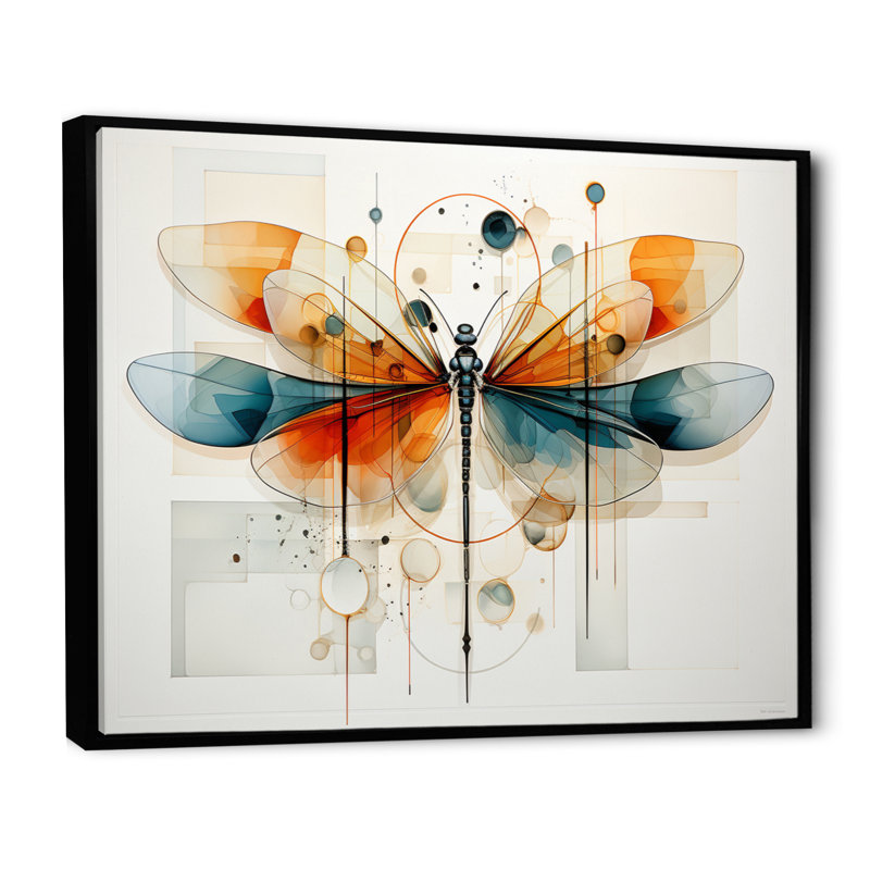 " Teal Dragonfly Ethereal Flight Geometric II ", Black Floater Framed, 34" H x 44" W x 1.5" D