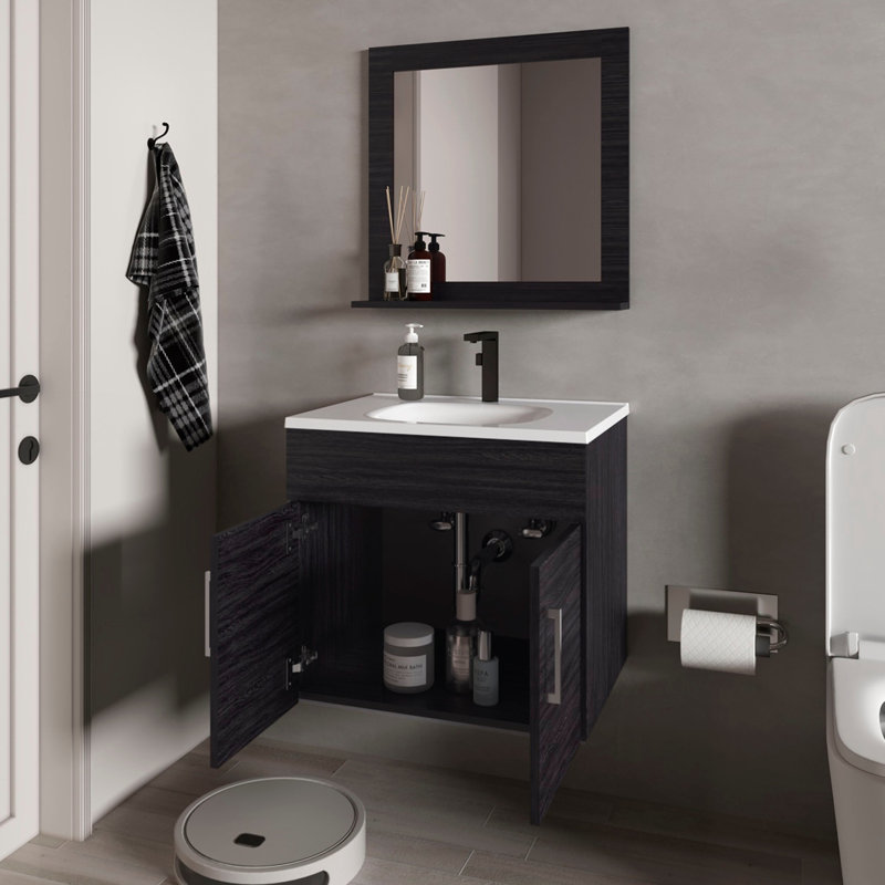 Meuble-lavabo 2 portes avec design flottant, lavabo et miroir - ombragé, effet d'éclairage amélioré, matériau, style moderne pour lavabo de salle de bain, tons, miroir réfléchissant transparent, armoires étanches,
