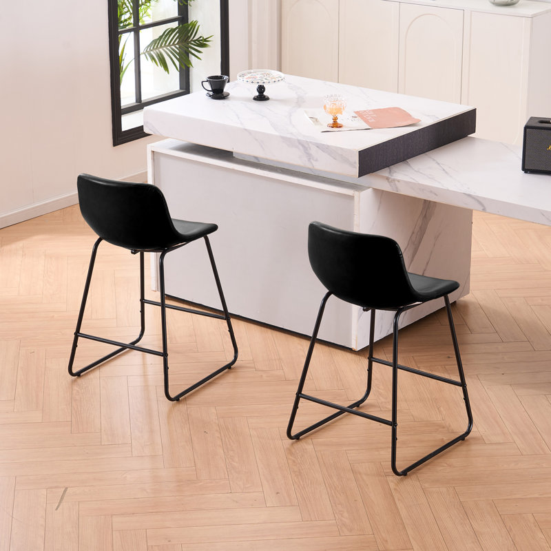  Modern PU Leather Bar Stools with Cushioned Seat – Comfortable Counter Height Kitchen Island Seating, Set of 2, Black, 2
