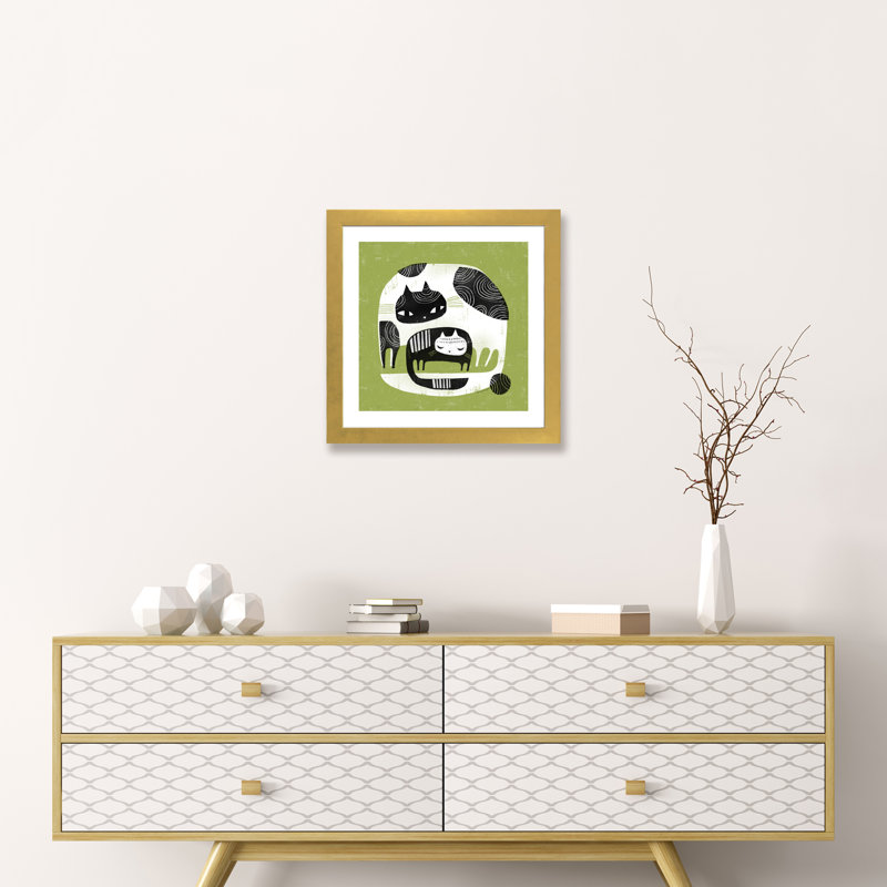 «Cuddle Cats» par Terry Runyan - impression, Blanc, H 16 po x l 16 po x p 1 po, Papier encadré doré