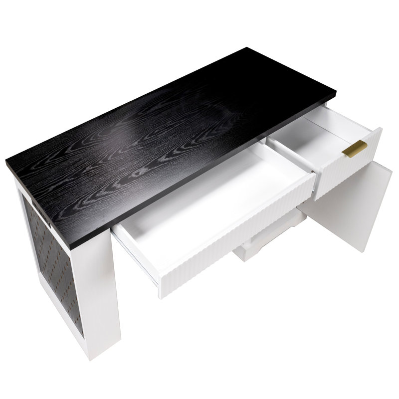 Bureau cannelé de 55 pouces avec armoire de rangement et prise électrique, Blacks Blanc