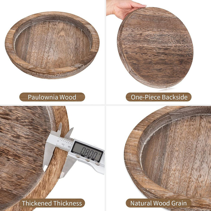 Farmhouse Wooden Round Tray, Decorative Candle Holder And Serving Tray For Coffee Table, Kitchen, And Home Decor