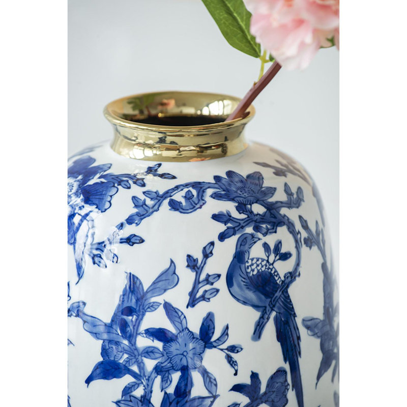 11" Blue White And Gold Chinoiserie Floral Porcelain Table Vase
