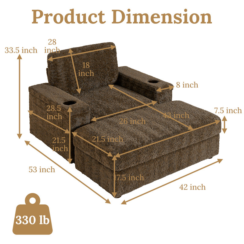 Chaise longue surdimensionnée de 42 po avec repose-pieds brun, fauteuil inclinable en fausse fourrure de lapin avec accoudoirs de rangement, porte-gobelets, canapé-lit convertible