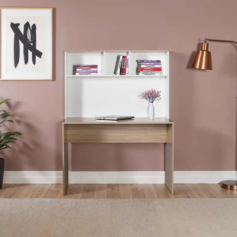  Teen White & Oak Study Desk with Storage Hutch